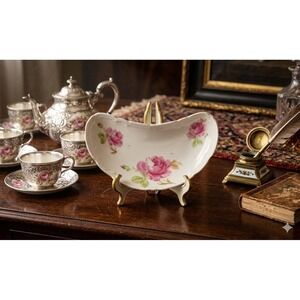 Antique German Porcelain Bone Dish Crescent Shape Pink Roses Gold Trim Victorian